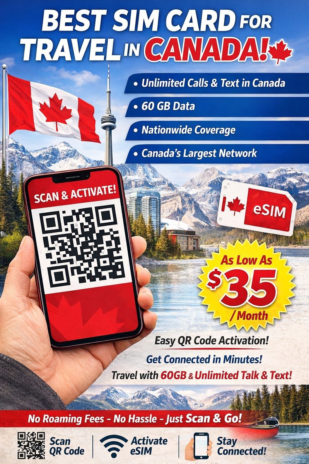 Canada Travel eSIM, 30-Day Plan with 60GB Data and Unlimited Talk. QR Activation