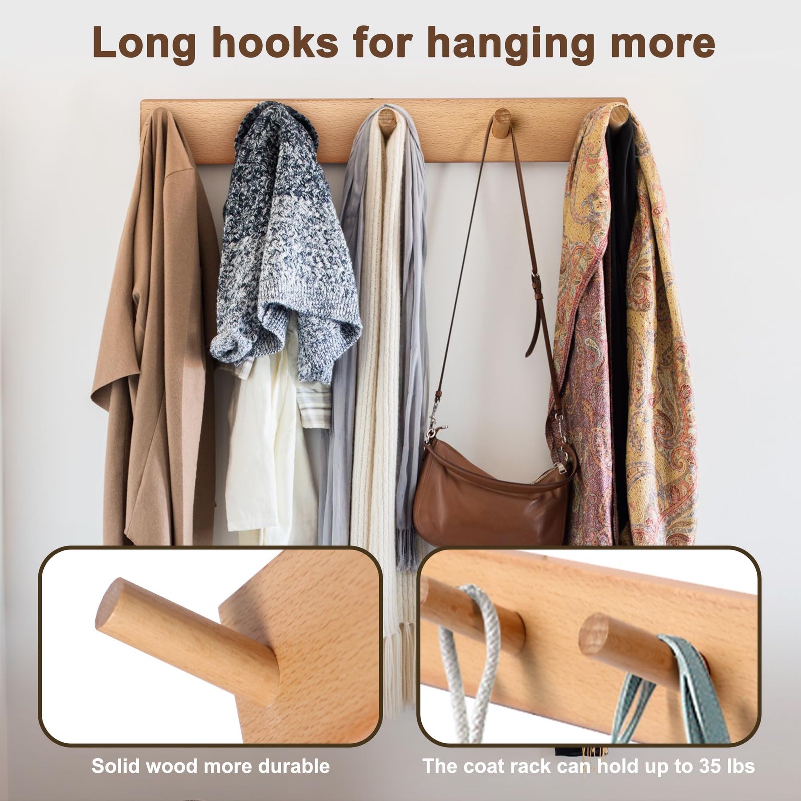 evory 2 Pack Coat Rack Wall Mount, 17 2 Mount-Beech wood
