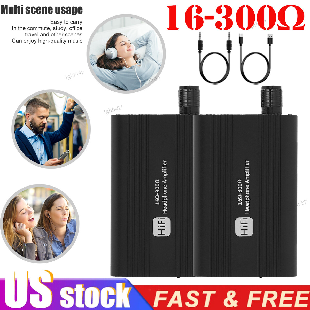 16-300Ω HIFI Headphone Amplifier Portable Earphone AMP 3.5mm w/ Audio USB Cable