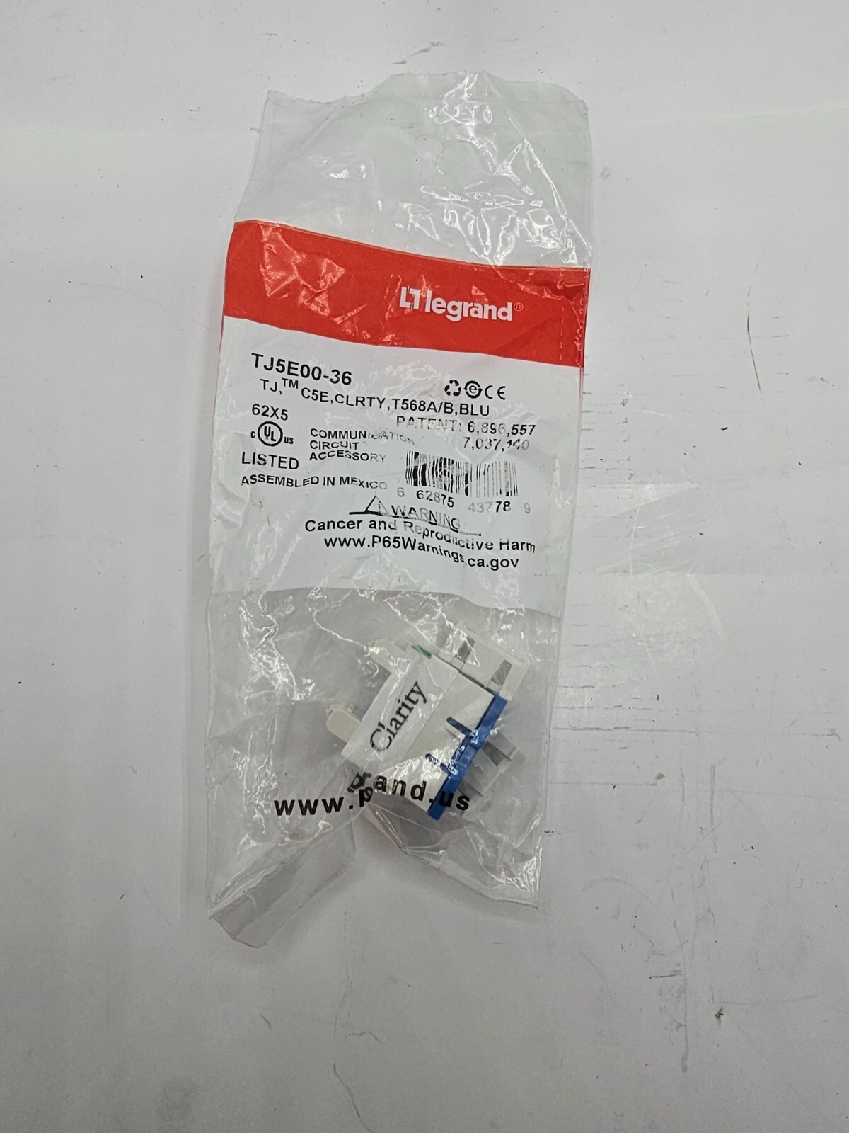 (QTY 5) Legrand TJ5E00-36 Clarity Enhanced Cat 5e Jack 2-Port Fog White & Blue