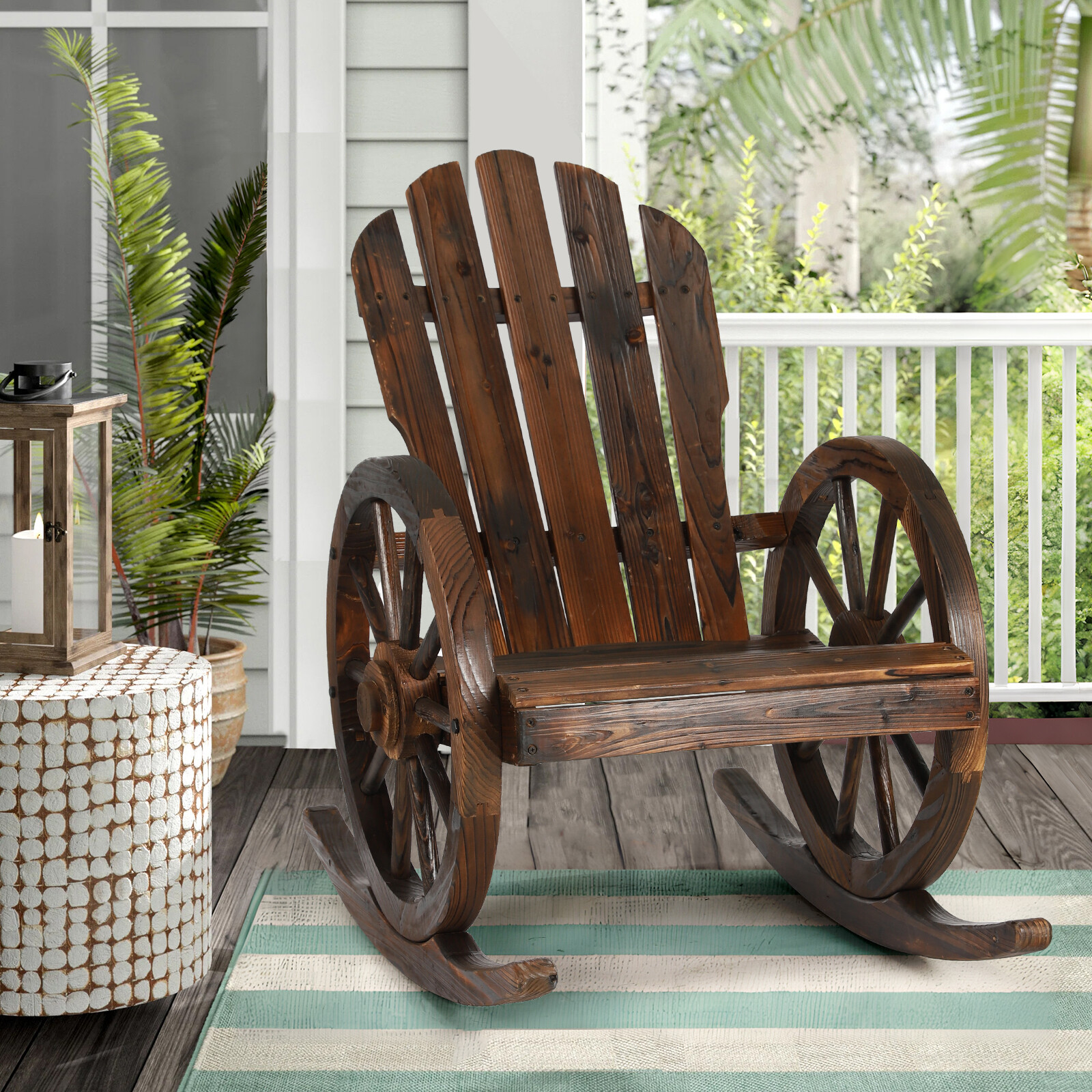 Wood Wagon Rocking Chair Outdoor Rustic Patio Rocker Chair Set w/ Wheel Armrest