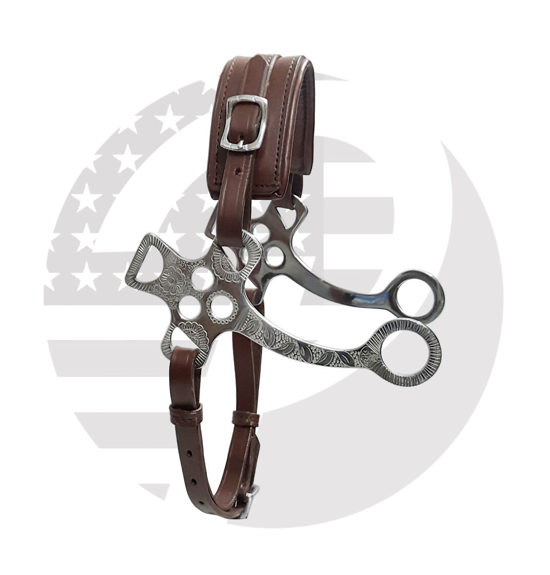 Hackamore Bitless Horse Bit English Western Adjustable Brown Leather Engraving