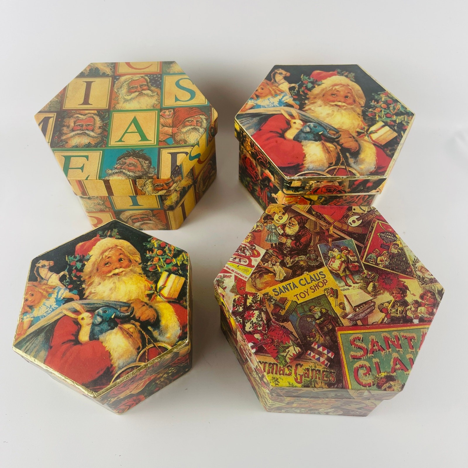 Decorative Old Fashioned Christmas Octagon Boxes Lot of 4