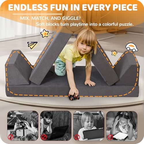 12-Piece Modular Kids Play Couch – Premium Soft Foam, Removable Cover, Grey