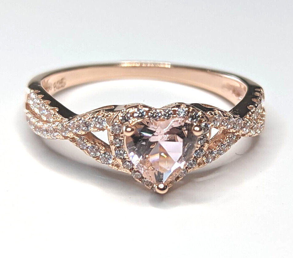 Twisted Heart Engagement Promise Ring Pink CZ Sterling Silver NEW