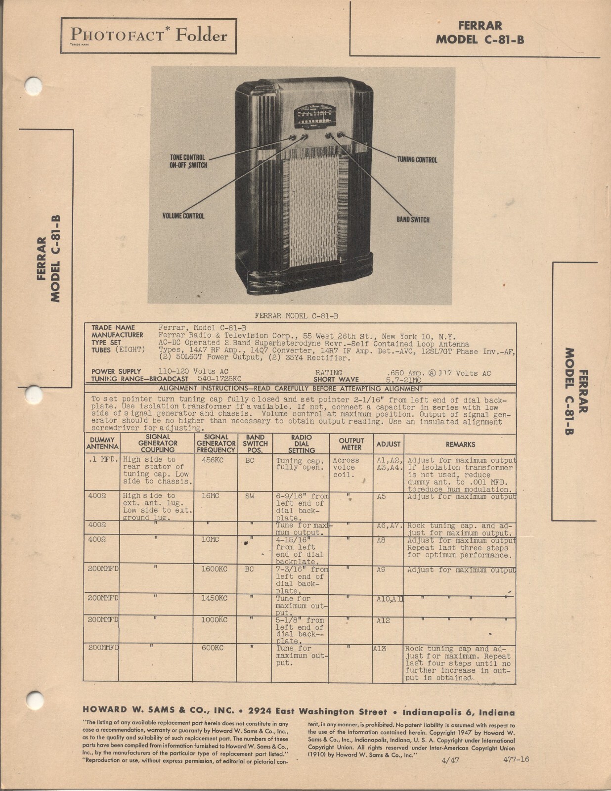 FERRAR Model C-81-B, SAMS Photofact 1947, 4 Pages, New Old Stock