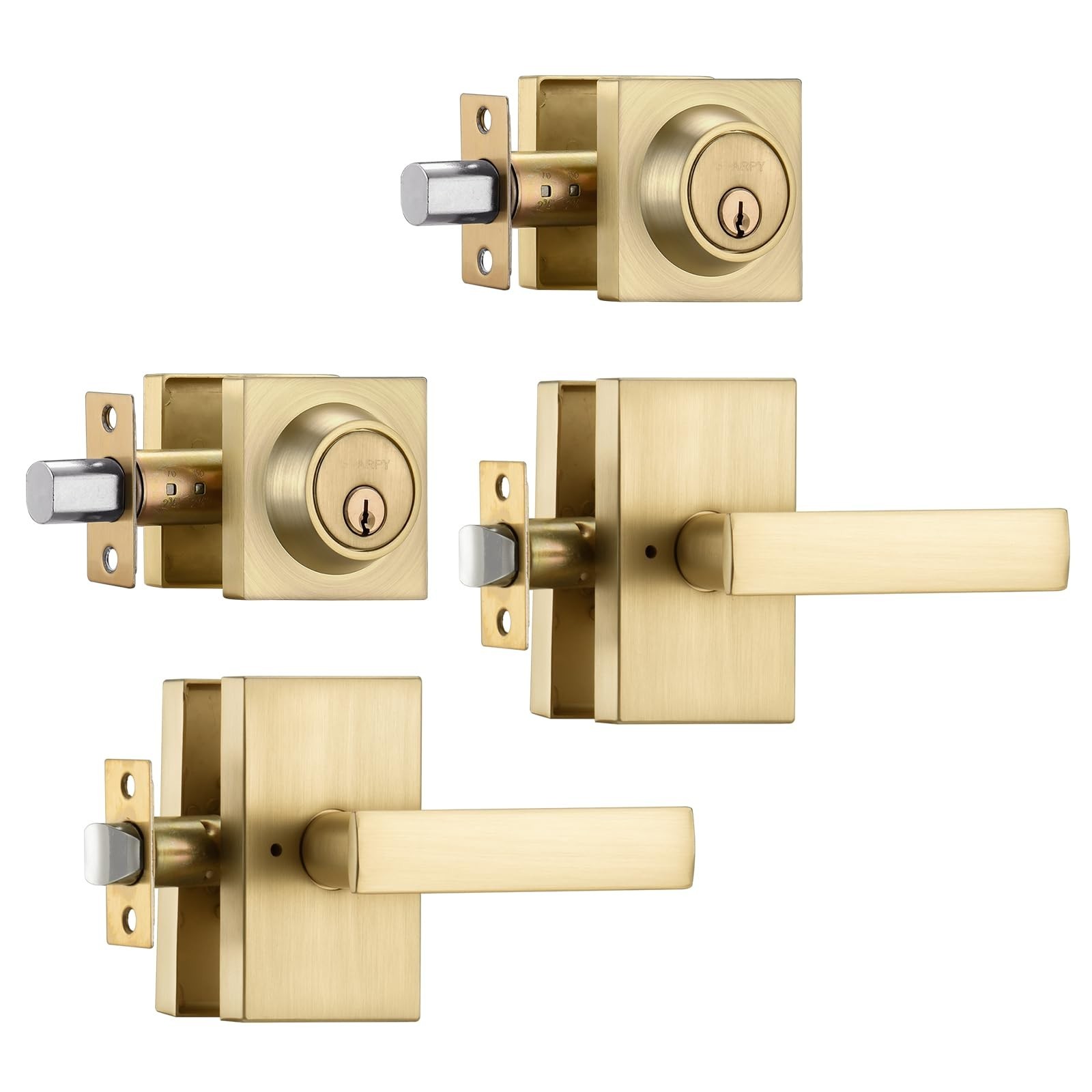2 Pack Satin Brass Exterior Door Lock Set, Front Door Handle with Deadbolt, H...