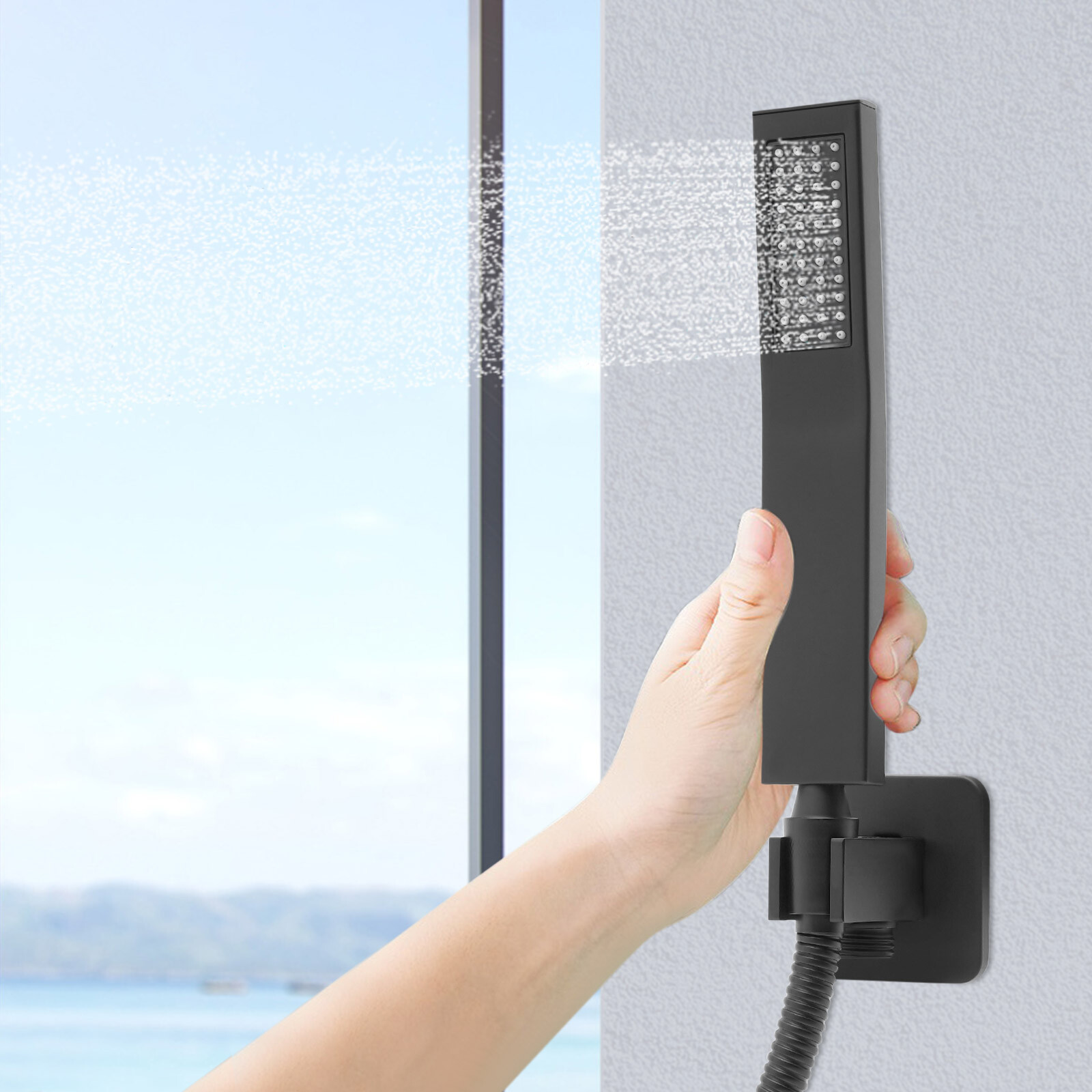 Matte Black Hand Held Shower Head With Wall Connector And 4.9ft Hose Set Square
