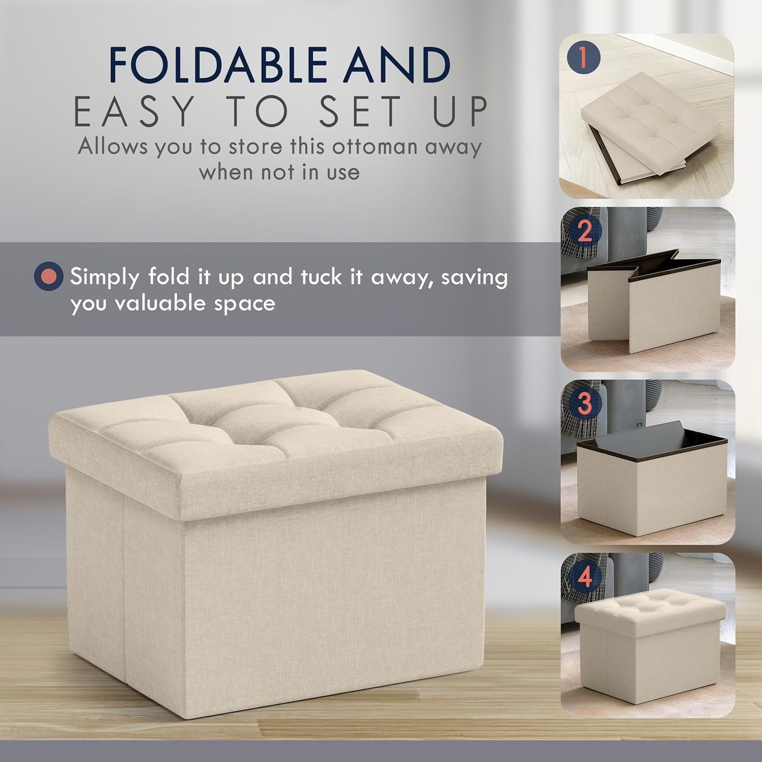 Small Storage Ottoman Foldable Collapsible Rectangle Linen Ottoman Foot Rest Sto
