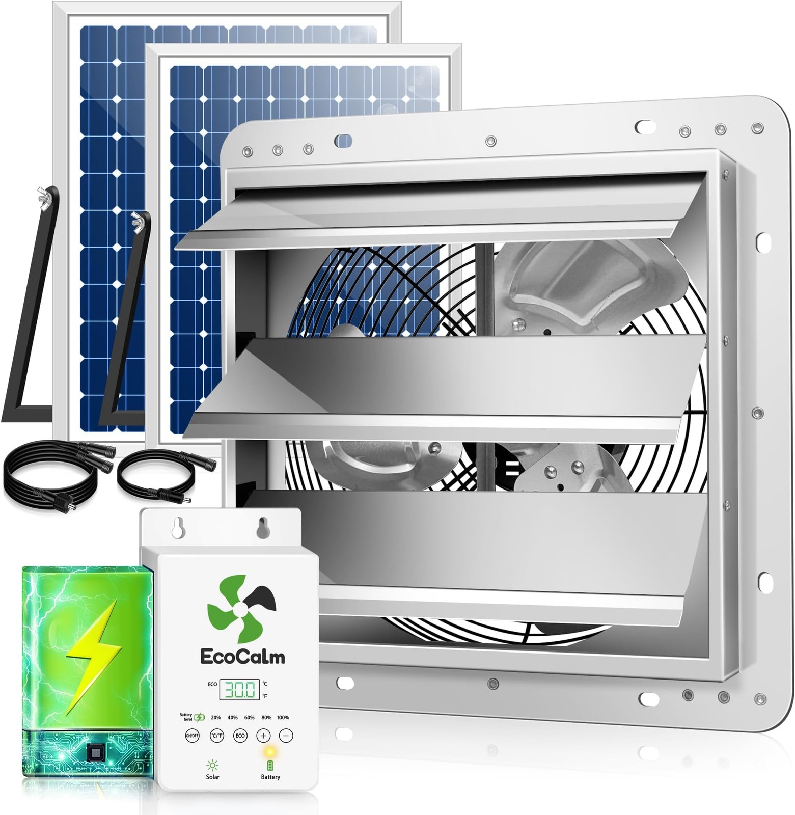 14" Solar Exhaust Fan for Greenhouse with Battery and Adjustable Thermostat, ...