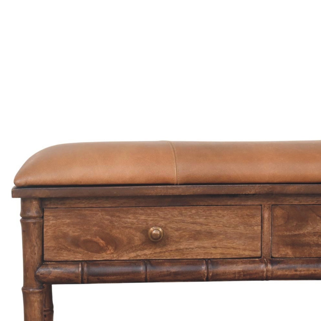 Bamboo Carved Storage Bench with Leather Seat
