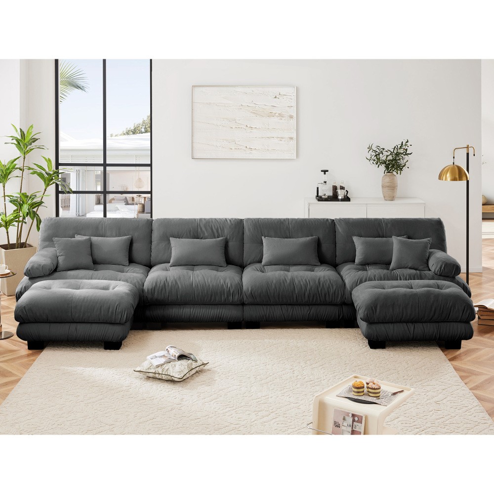 Gray Chenille Modular Sofa,4-Seater Cloud Couch + 2 Ottomans,Free Combination