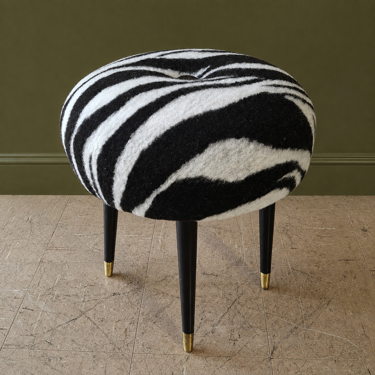 Fab Vintage Retro Mid Century Round Dressing Table Stool Zebra Black White Wool