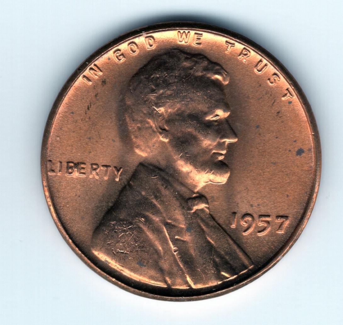 1957 Brilliant Uncirculated Lincoln Wheat Cent, BU condition.