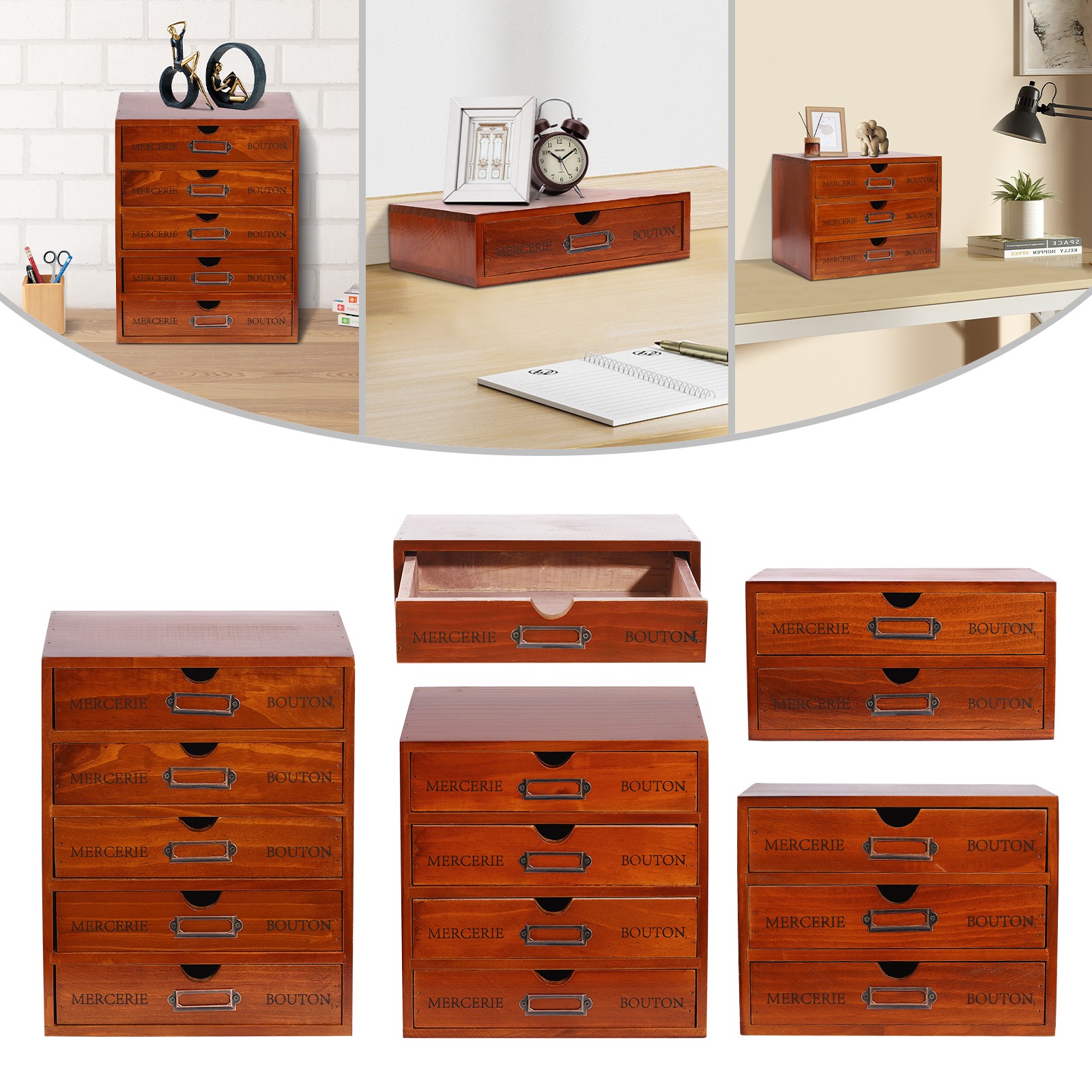 5 PCS Wooden Desktop Organizers Retro Rectangular Storage Drawers For Tabletop
