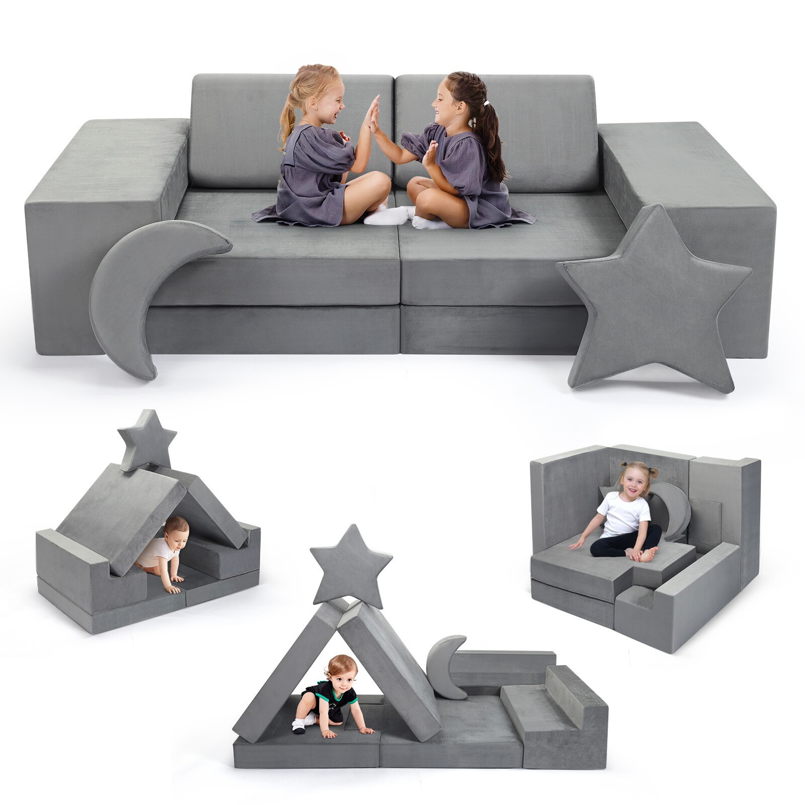Modular Kids Play Couch for Playroom Bedroom, 9 in 1 Gray, Kids Large Game Toy