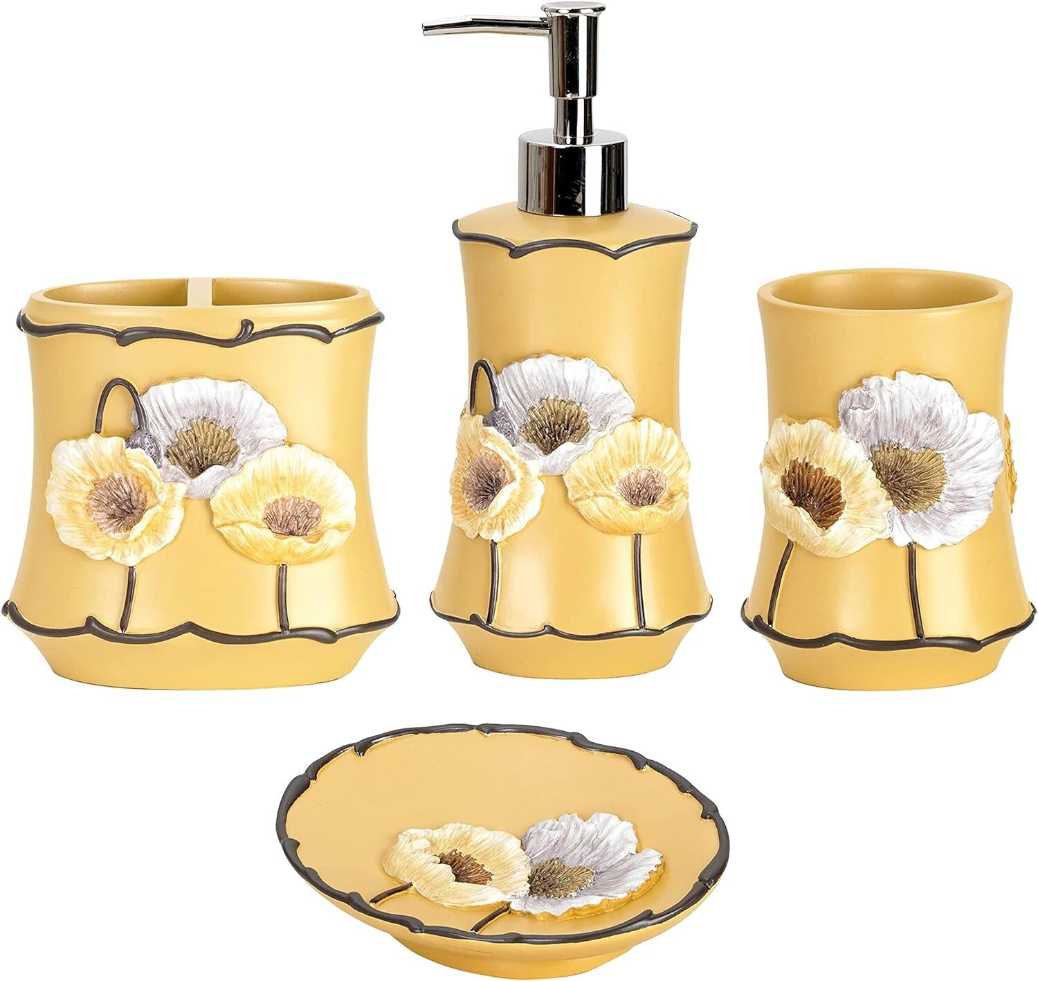 Popular Bath Poppy Fields 4 Piece Bathroom Set, Heavy Duty Resin, Moss Yellow