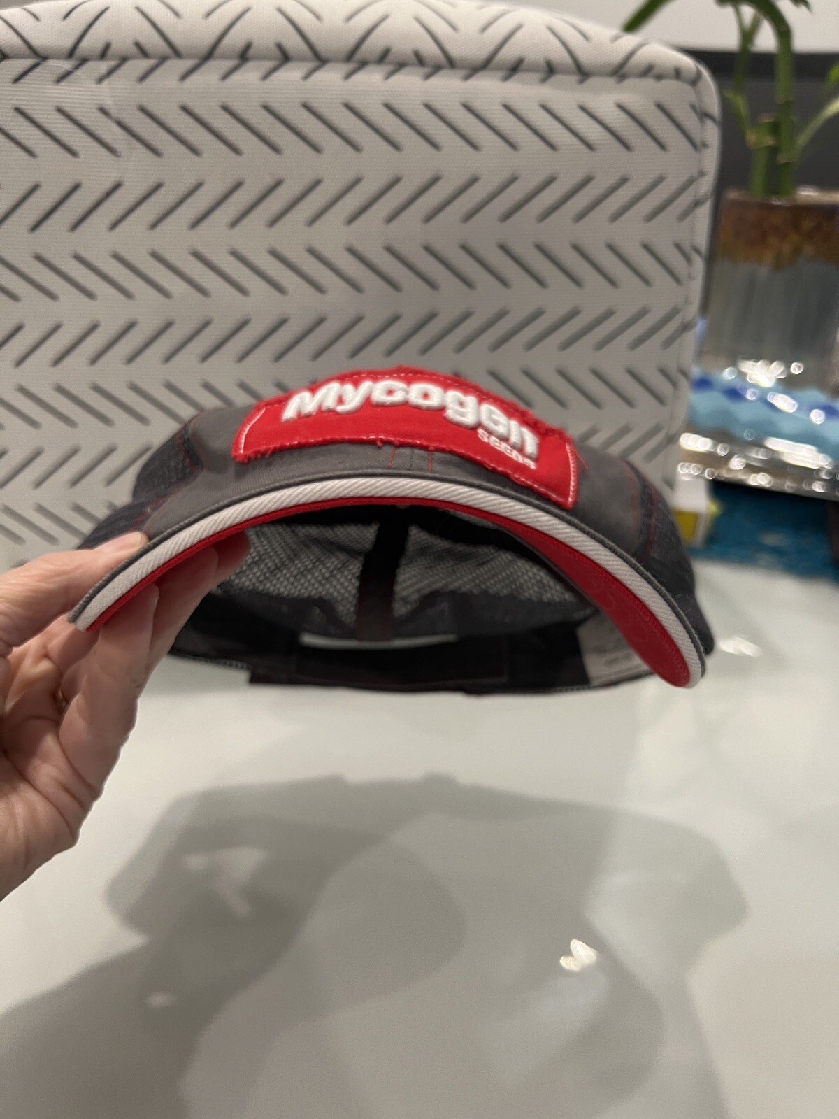 Mycogen Seeds White Red Patch Gray Fabric Mesh Hat Cap