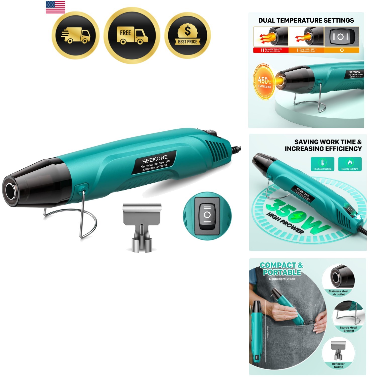350W Mini Heat Gun, Dual-Temp Model 500℉ & 842℉（260℃ & 450℃）Fast Heat Hot Air...