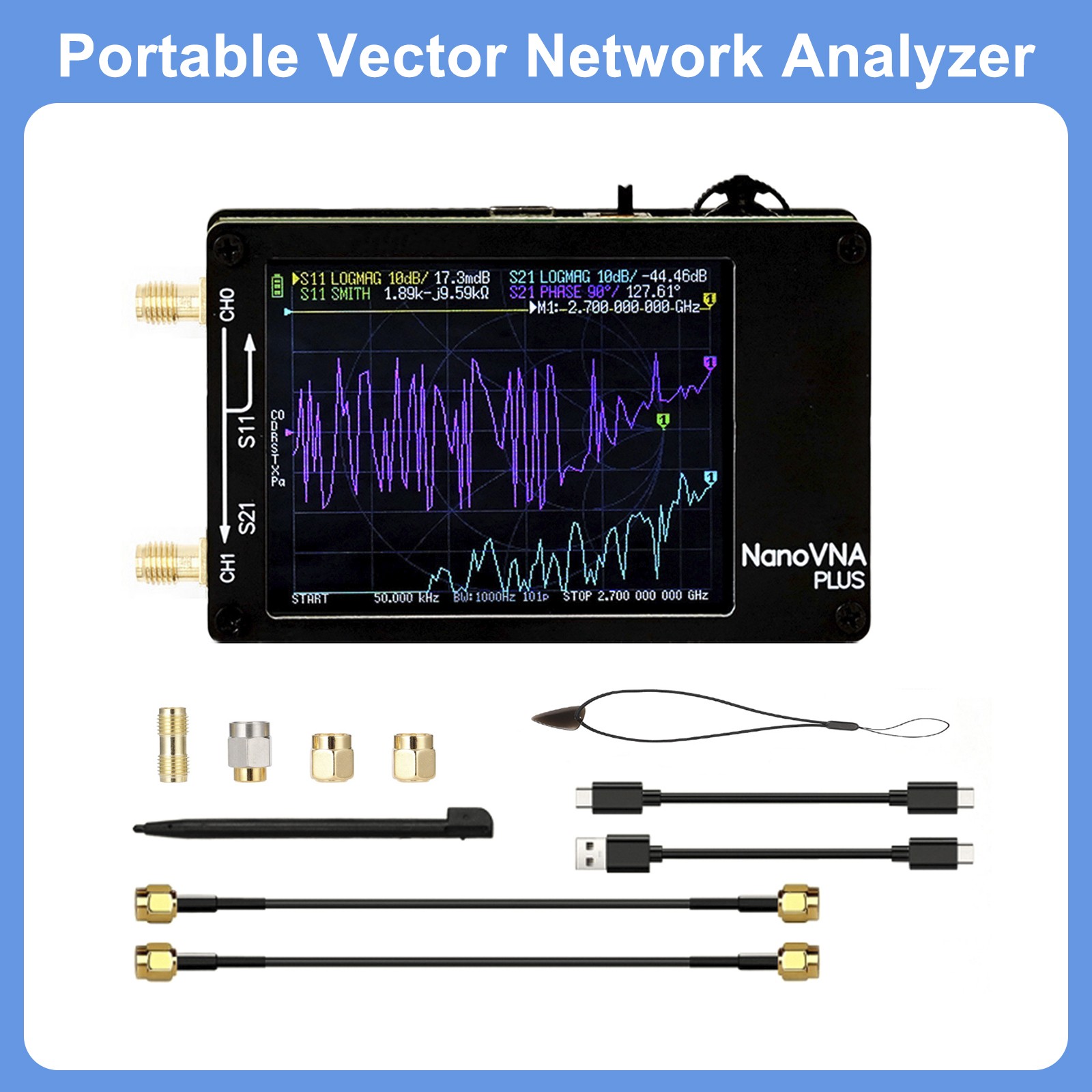 NanoVNA H Vector Network Analyzer 50kHz-2.7GHz MF HF VHF Antenna Analyzer