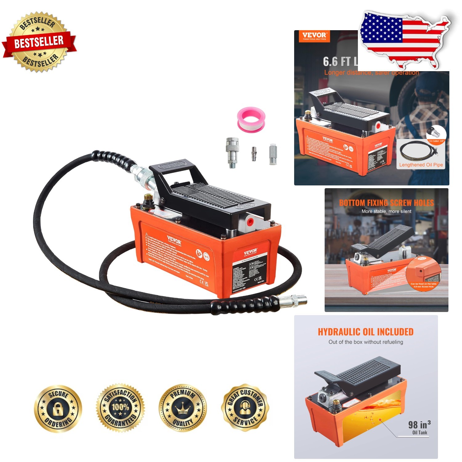 Pro Air Hydraulic Pump 10000 PSI 6.6ft Pipe Auto Body Orange Aluminum