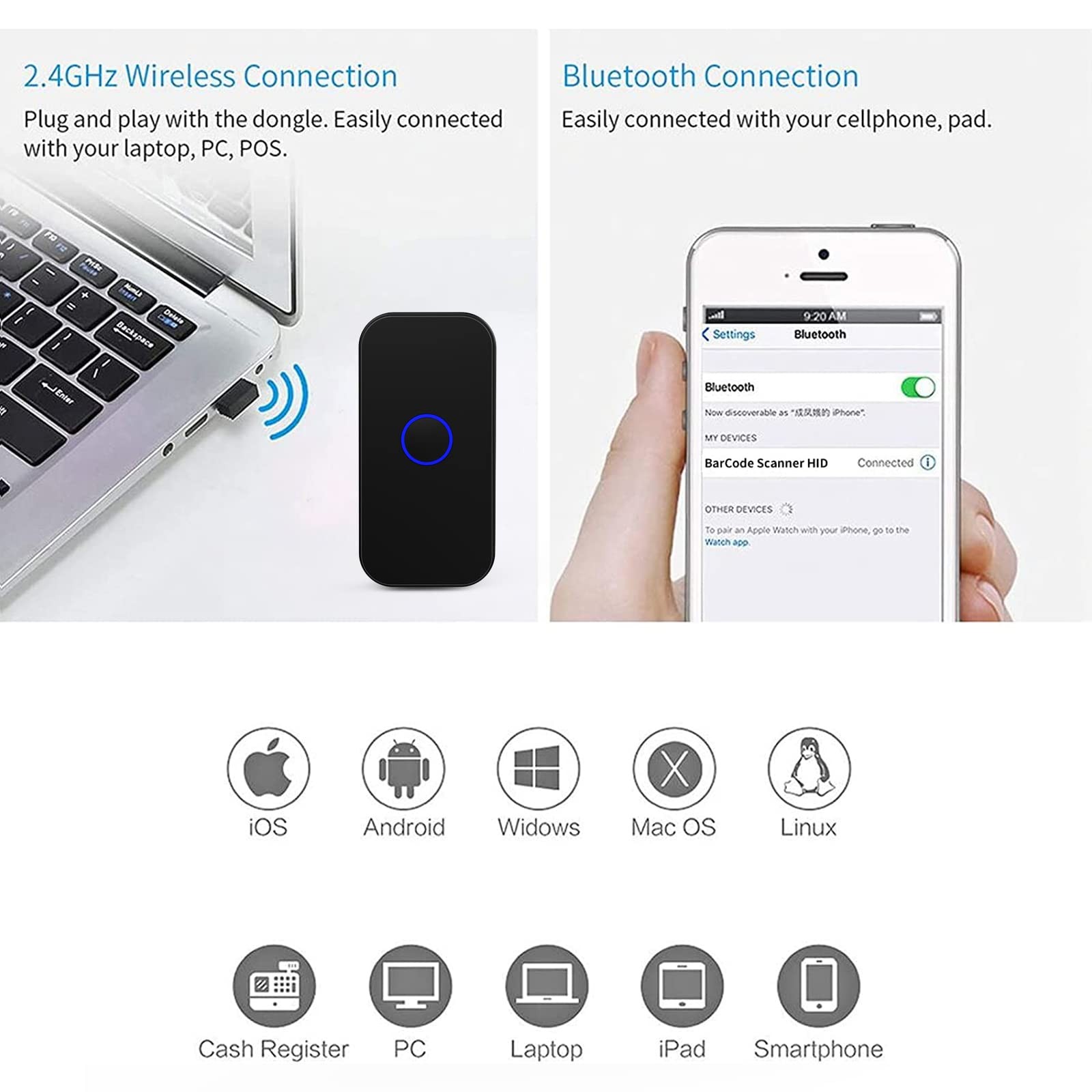 Bluetooth 2D Wireless Barcode Scanner 3in1 USB Wired 2.4G 1D QR Reader