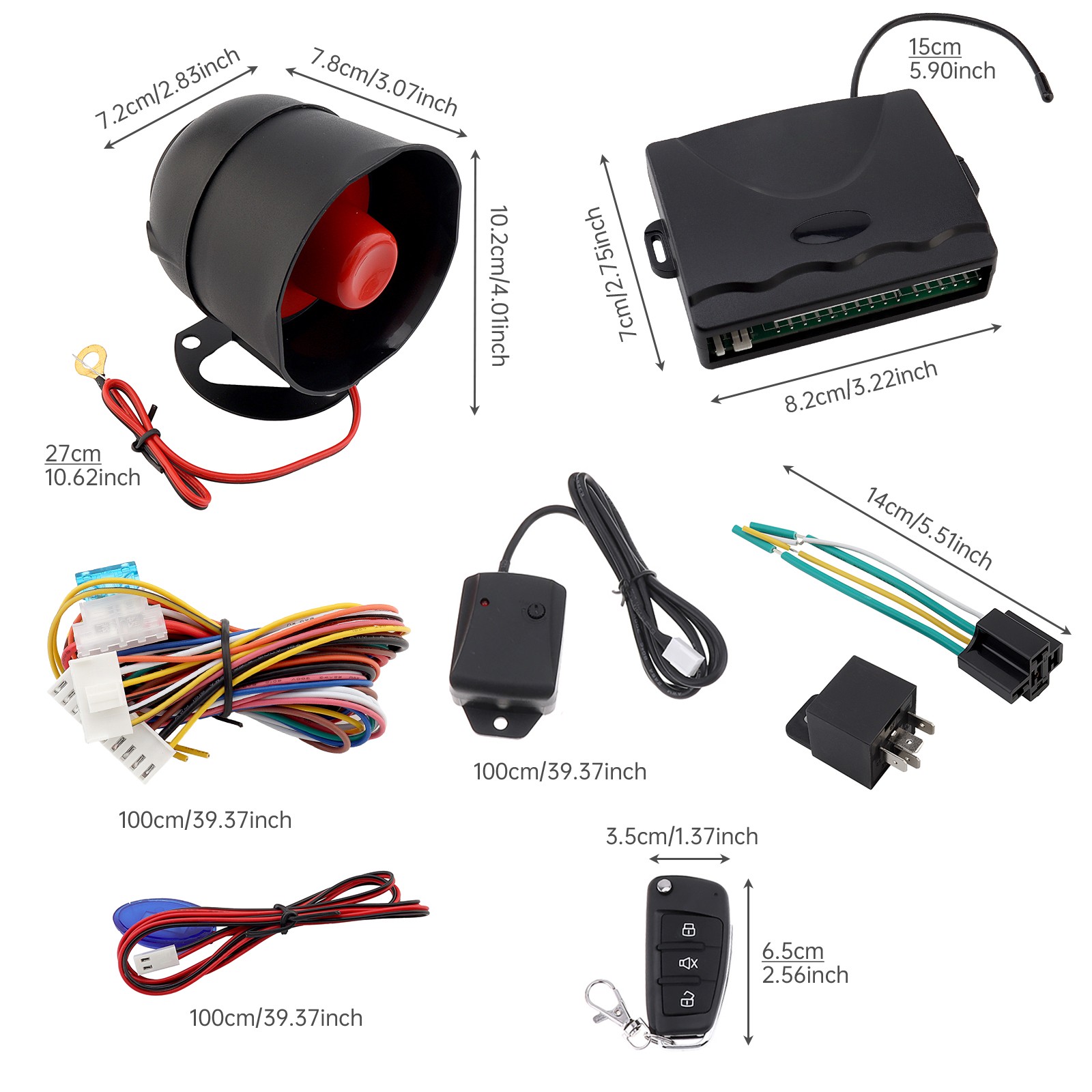 Universal 12V Car Alarm System with Engine Cut-Off, Shock Sensor, 2 Remotes