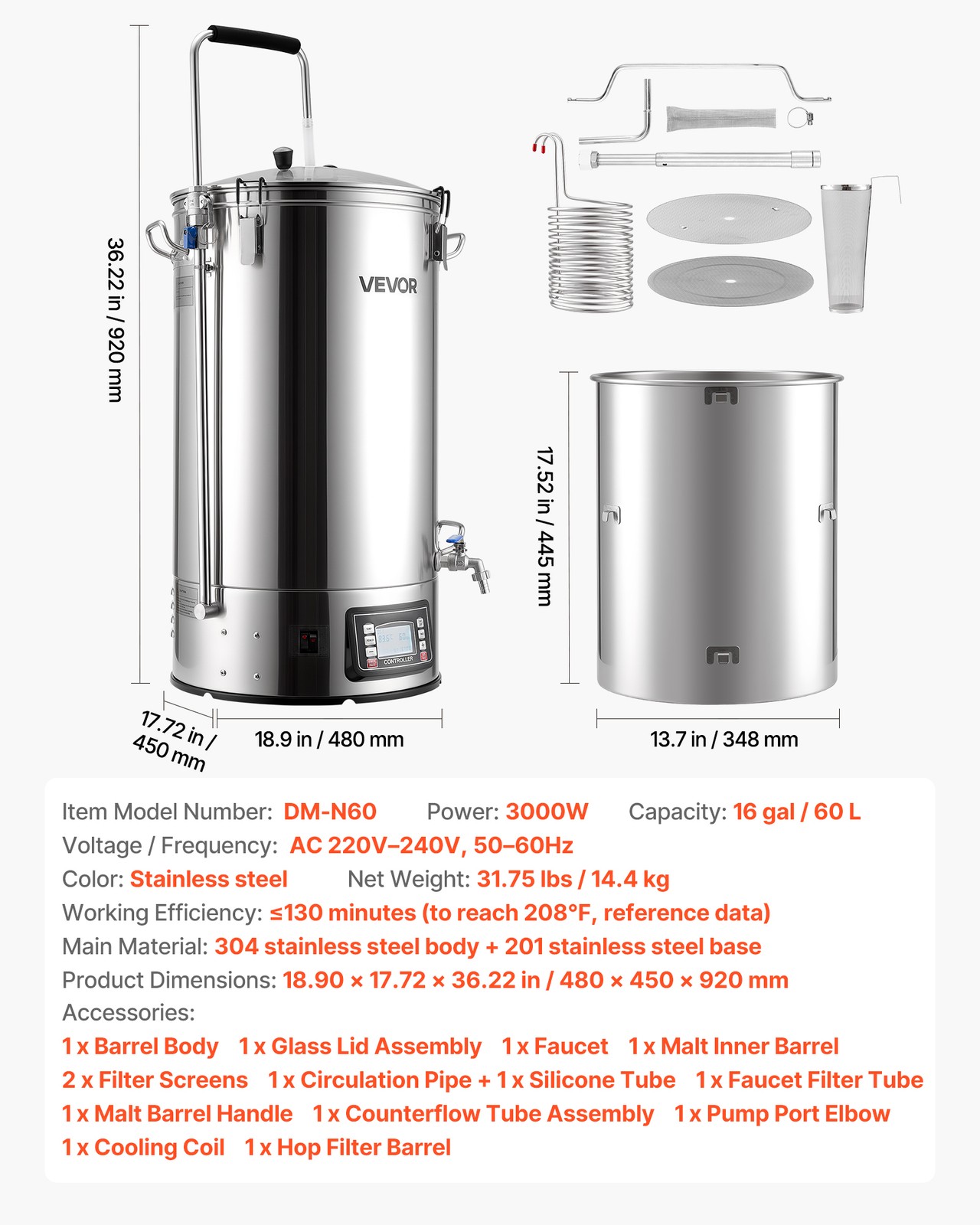 VEVOR Home Beer Brewing Machine Grain Brewing System w/ Circulating Pipe 16 Gal