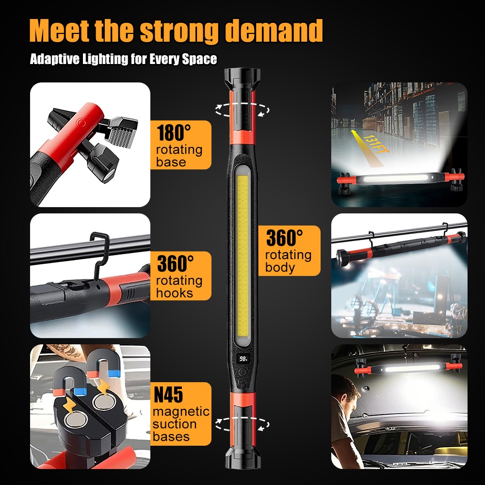 Under Hood Work Light Bar 3000LM LED Magnetic Light Bar with Hooks Rechargeable