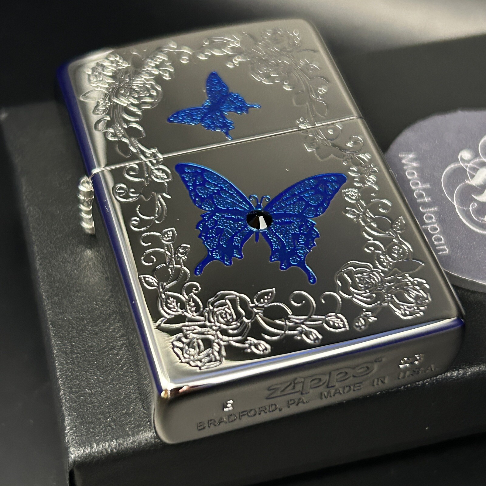 Zippo Lighter Blue Butterfly Silver Etching Serial Number Swarovski Japan