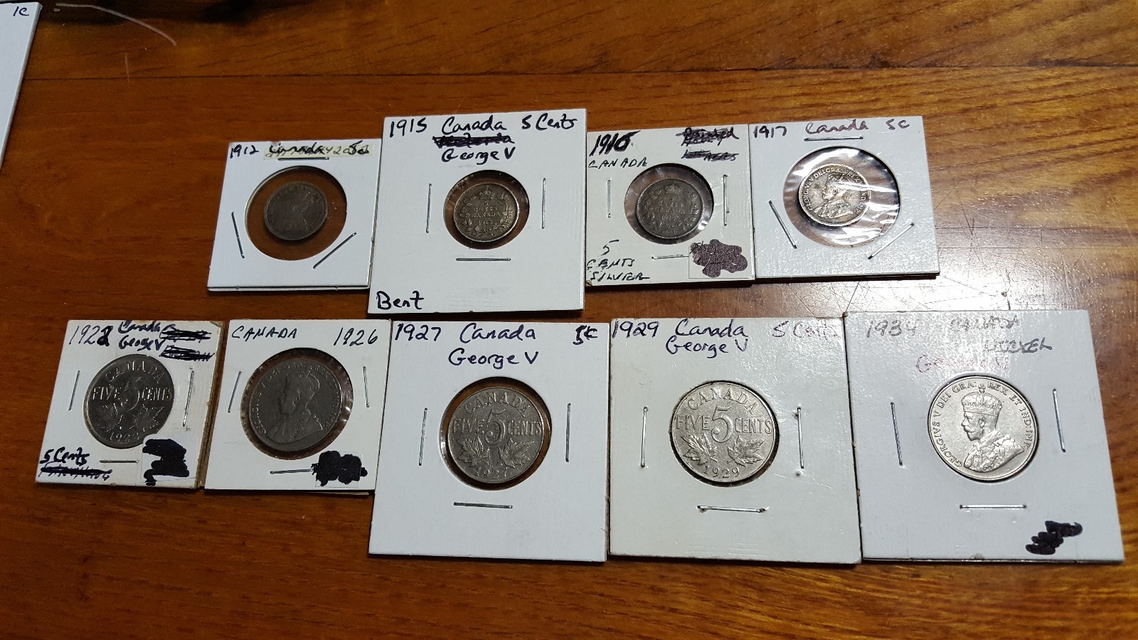 😎1912 1915 1916 1917 1922 1926 1927 1929 1934 Canada 5 Cent SILVER George V Lot