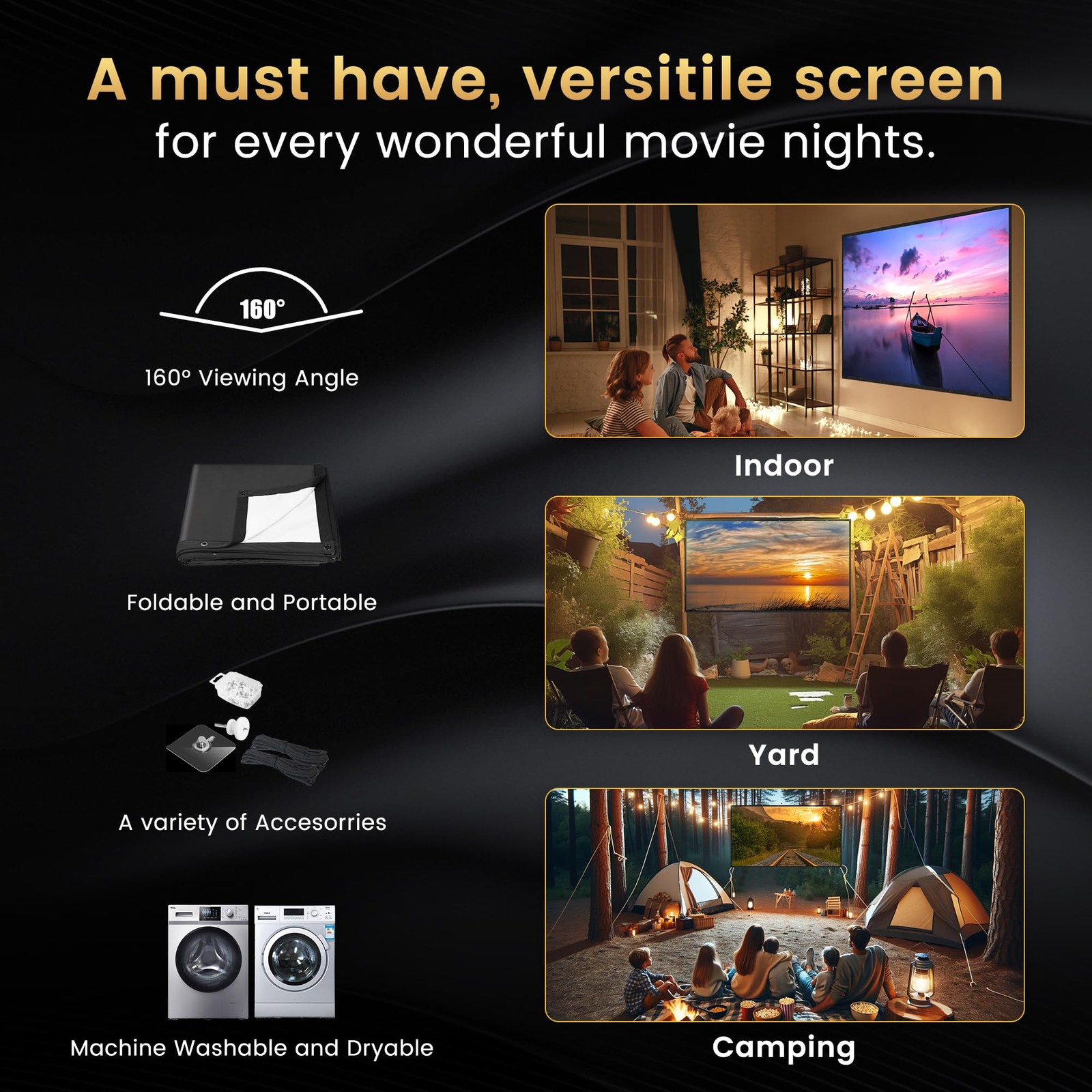 100 inch Projector Screen Upgraded- Black Backing, Straight Edges, Foldable, ...