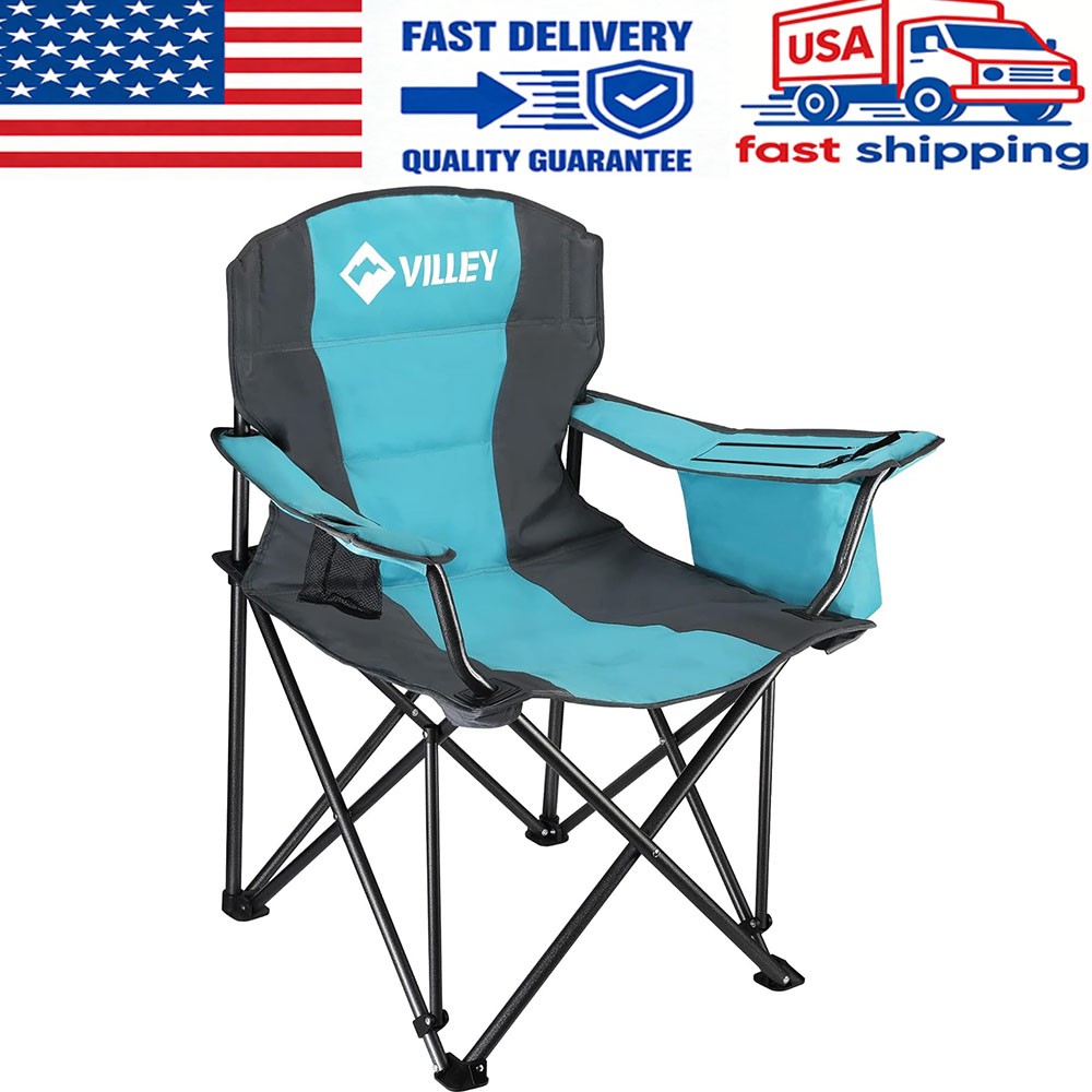 VILLEY Oversized Folding Camping Chairs Padded Seats Cooler Bag Cup Holder w/Bag