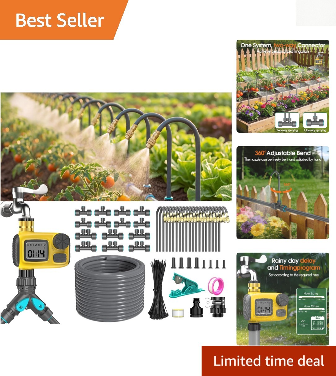 Automatic 98FT Drip Irrigation System with Copper Nozzles & Timer for Gardens