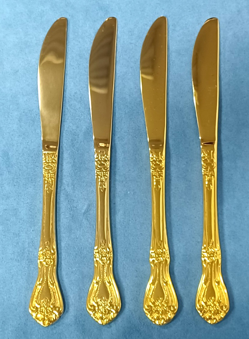 4 JC Penny JCP Dinner Knives  8.5” Gold Electroplated Floral Stainless Flatware