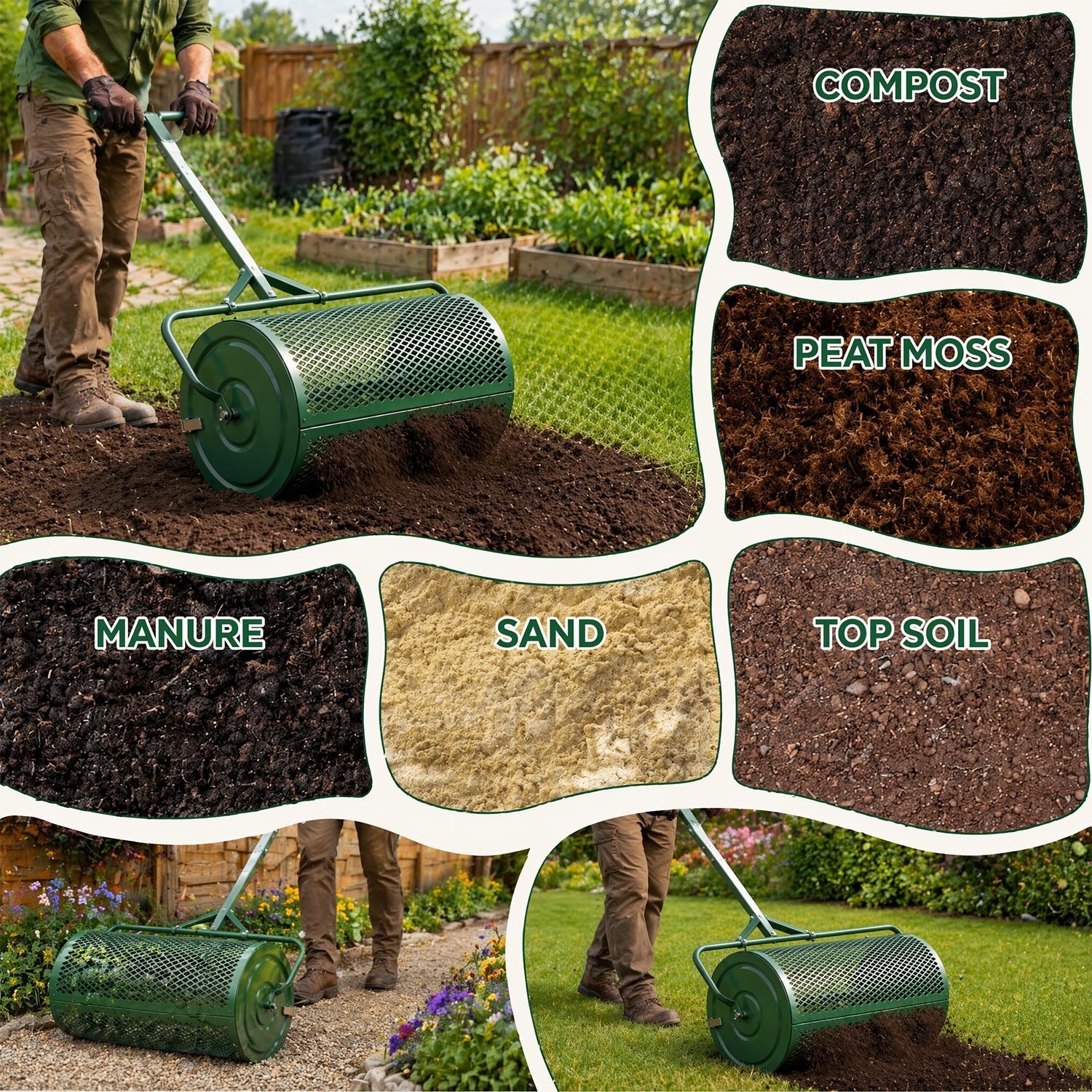 24" Peat Moss Spreader Heavy Duty Compost Roller Adjustable T Handle Lawn