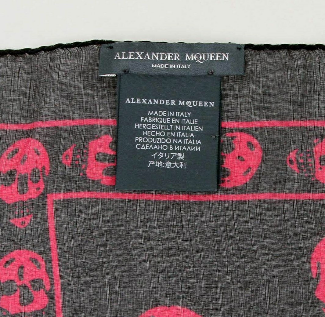Alexander McQueen Black Chiffon Silk Scarf w/Purple Pink Skull Print 110640 1071