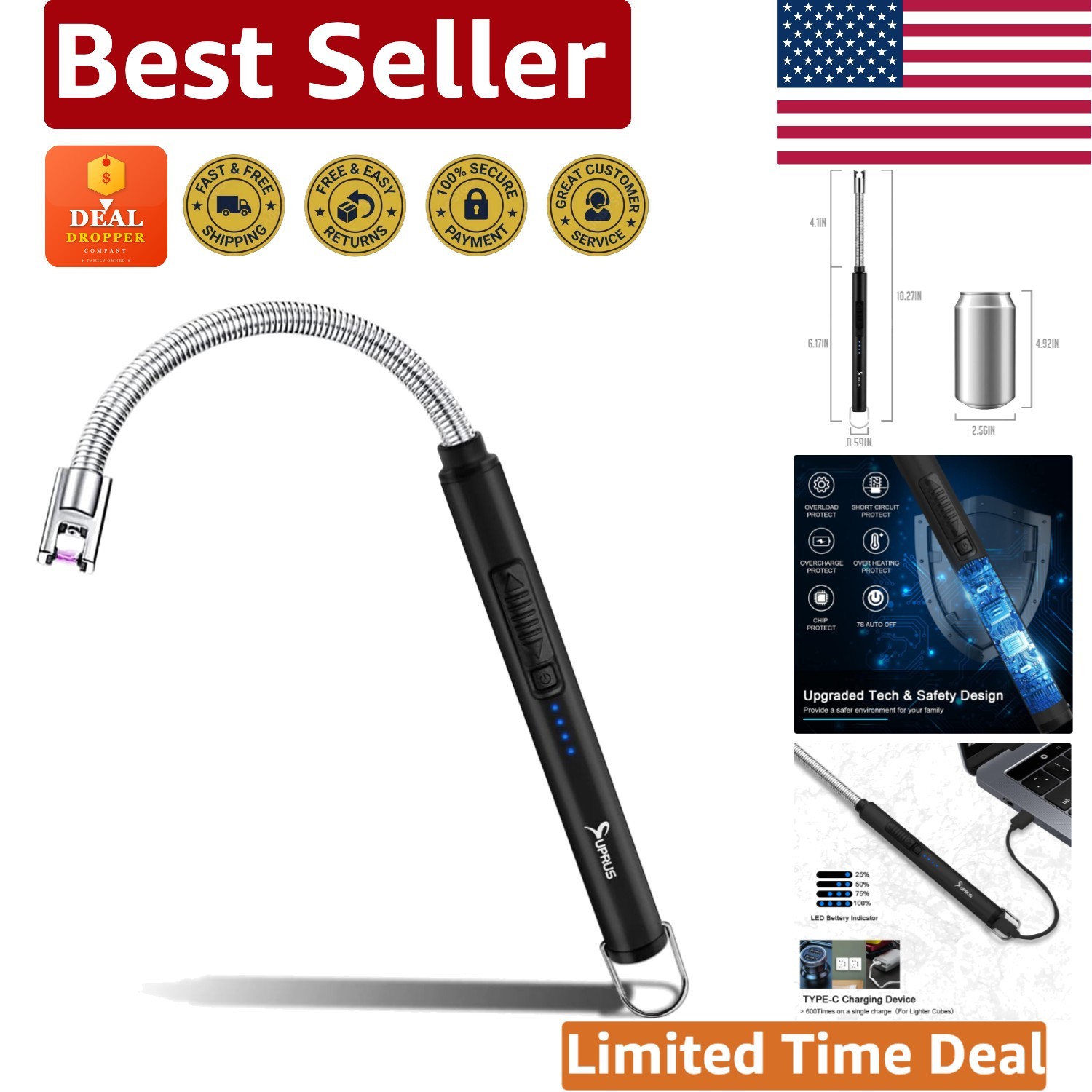 Sleek Black Stainless Steel Candle Lighter with USB Charging and Safety Measures