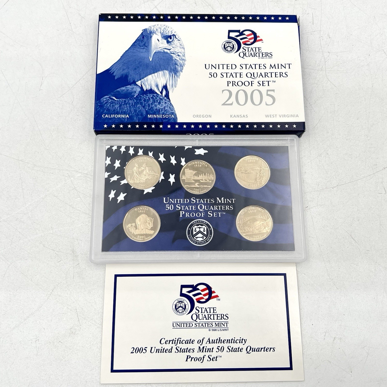 2005 US Mint 50 State Quarters 5-Coin Proof Set (CA, MN, OR, KS, WV) w/ OGP, COA