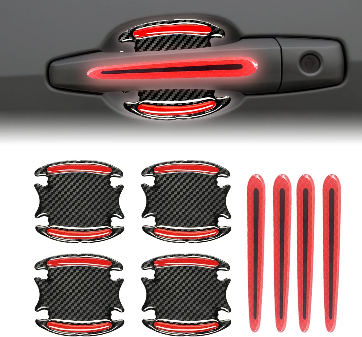 8Pcs 3D Door Handle Cup Protector, Reflective Stripe Stickers, Anti Color: red
