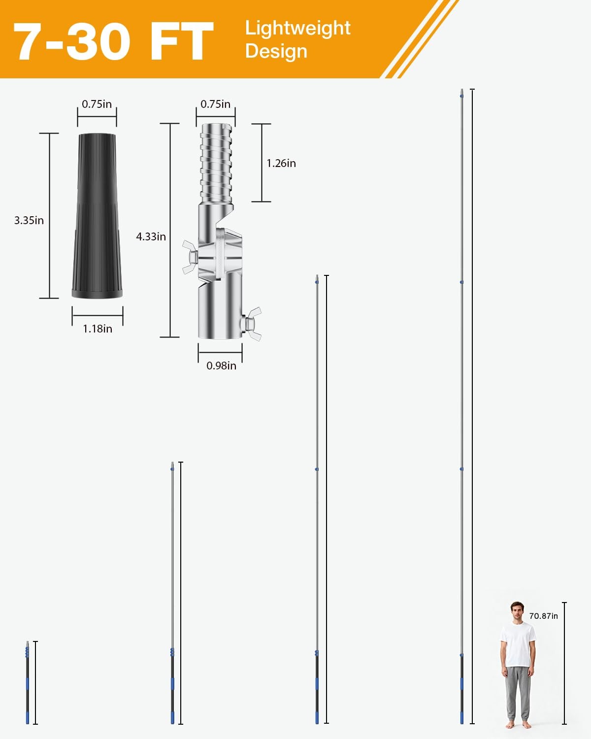 Telescoping Pole, 7-30 Ft with Joint Angle & Squeegee Adaptor, 30 FT, Silver