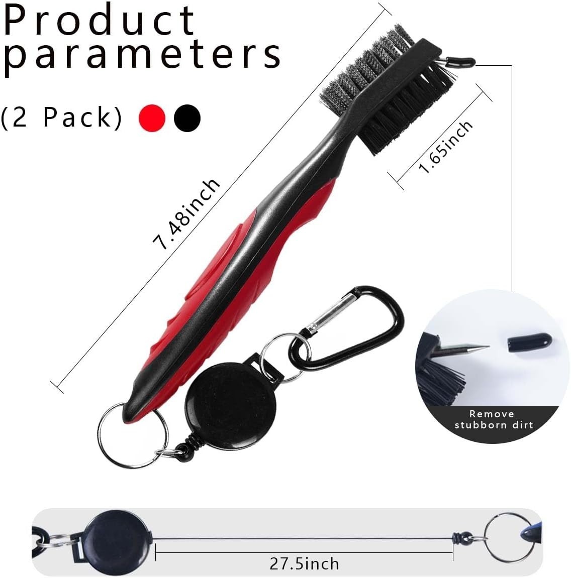 2 PCS Golf Club Brushes & Groove Cleaner 2 Ft Retractable Zipline Carabiner Tool