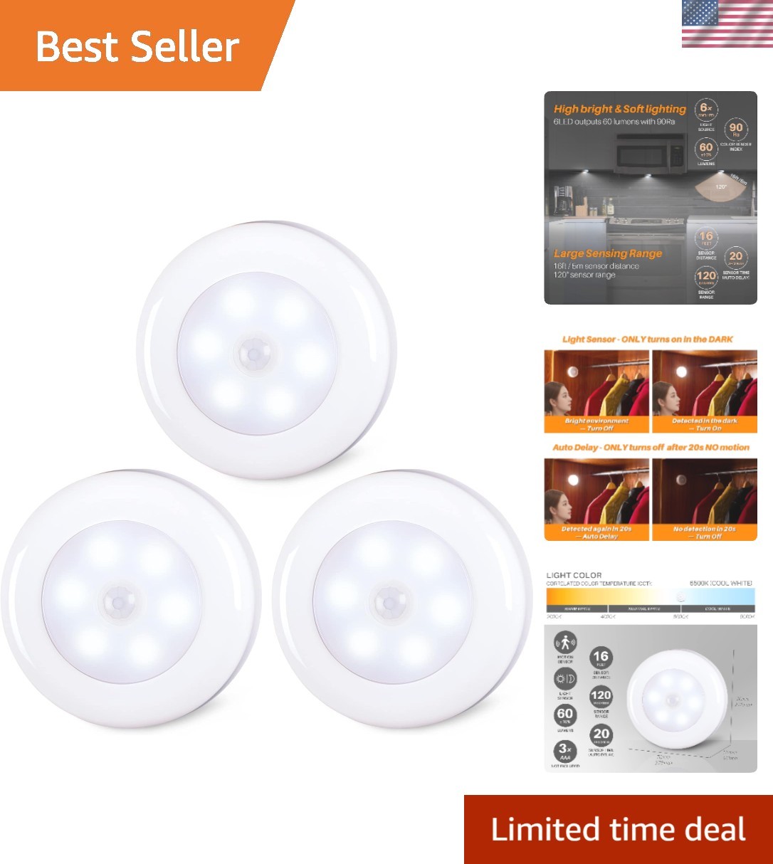 Stick-On 3 Pack 2.8” Motion Sensor Lights - Bright Indoor LED Lighting Solution