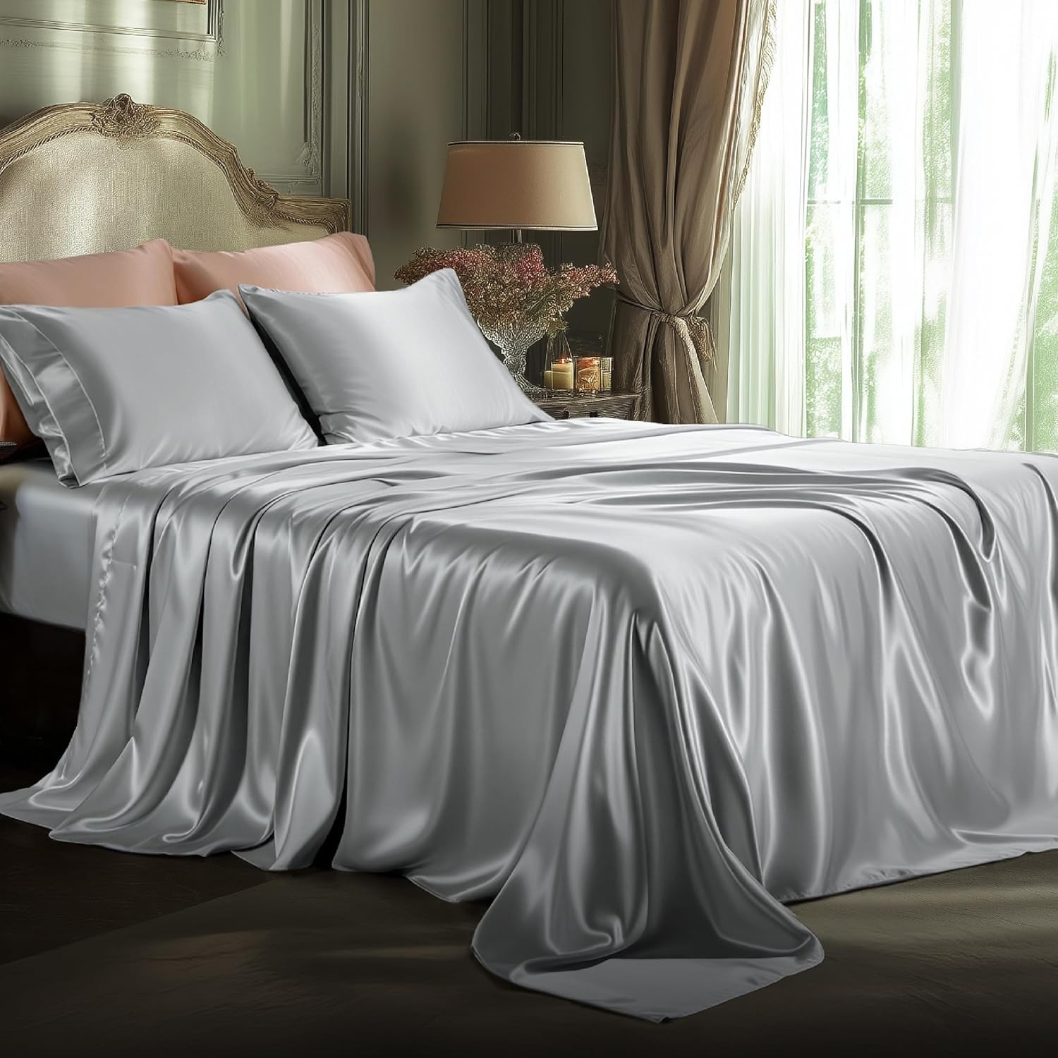 Satin Sheets Queen Size 4 Piece Silky Bedsheets W/ Elastic Corner Straps