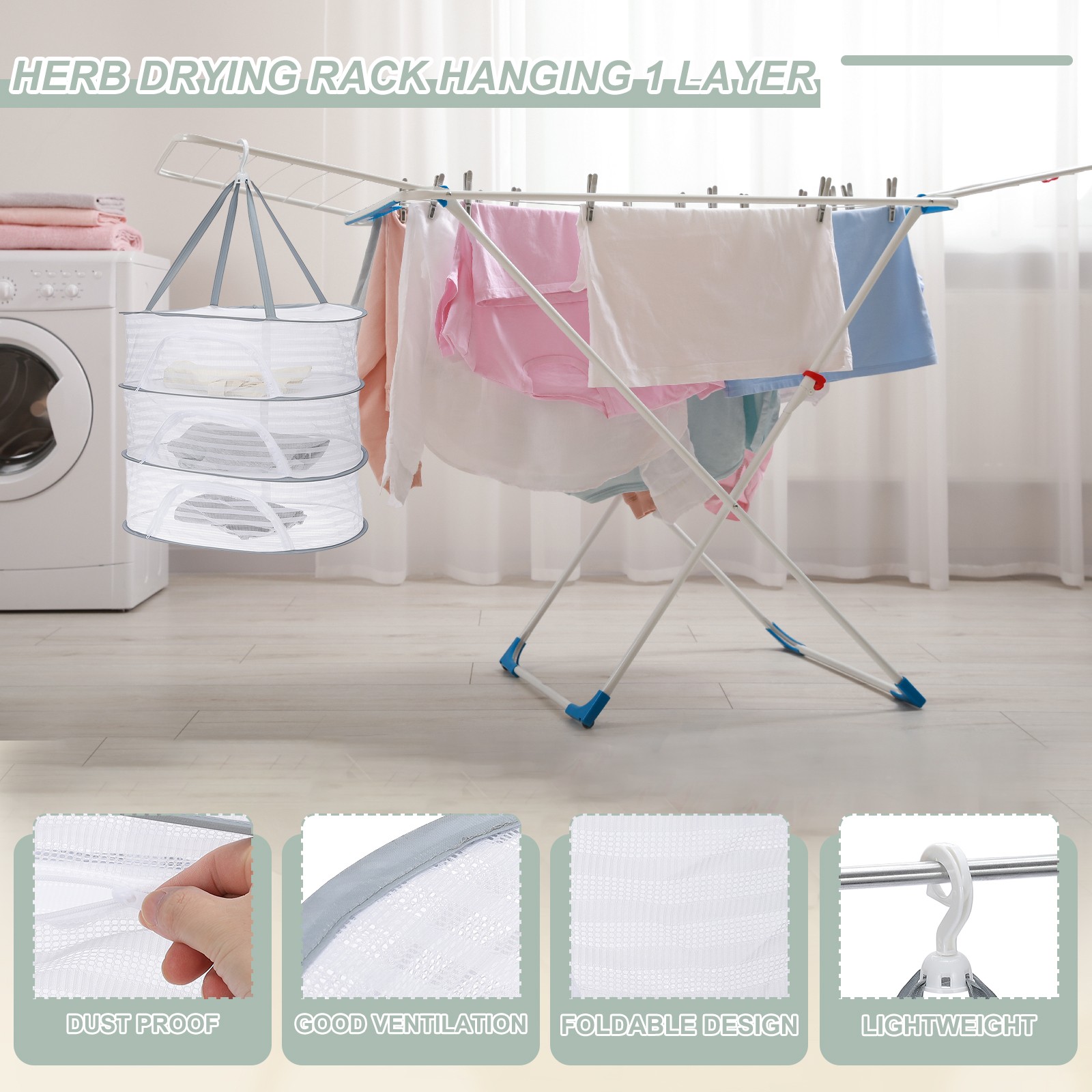 24" Herb Drying Rack Hanging 2 Layer Hanging Mesh Net with Zipper, Grey