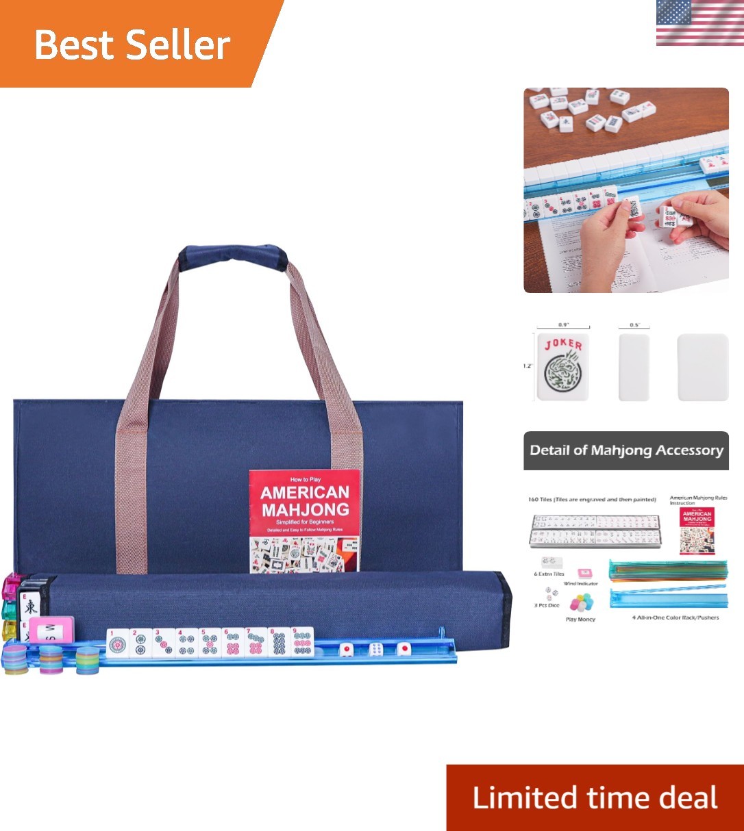 American Mahjong Game Set, 166  White Tiles, 4 All-in-One Color Rack/Pushers,...