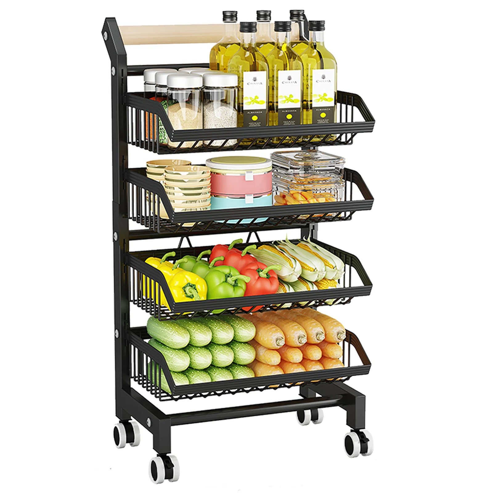 4 Tier Rolling Cart, Metal Utility Cart with Lockable Wheels, Storage Trolley