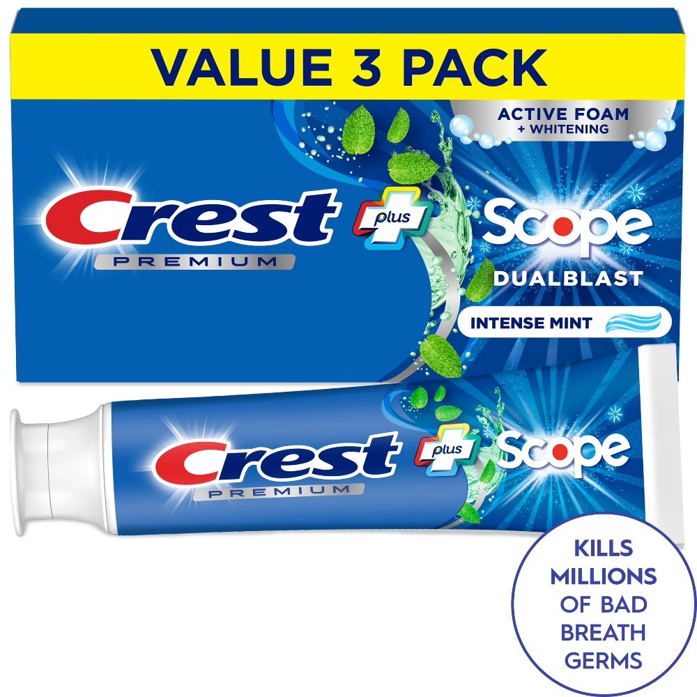 Toothpaste, Premium Plus Scope Dual Blast Toothpaste, Mint, 5.2 oz, 3 Pack