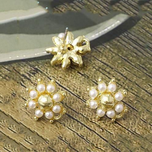 2Pairs Gold Plated Alloy Stud Faux Pearl Beads Earrings Component GJS643