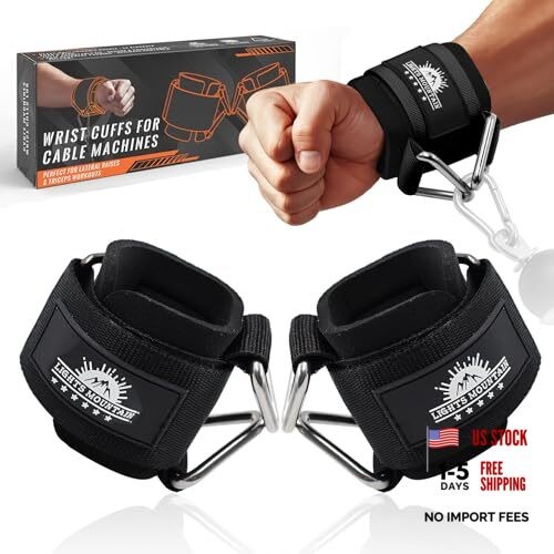 Wrist Cuffs for Cable Machines – Padded & Adjustable size L(6.7"-7.7") Black